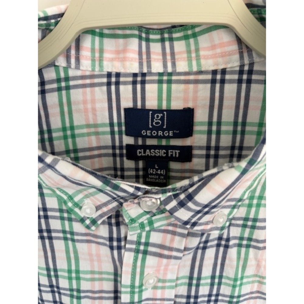 George Mens Classic Fit Short Sleeve Plaid Button Down Shirt‎ Green Pink Navy L - Picture 3 of 3